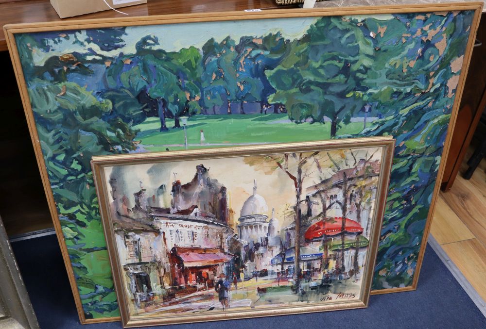 Modern British, oil on board, Figures in a park, Figures in a park, 75 x 91cm (paint flaking) and a Paris street art oil of Montmartre